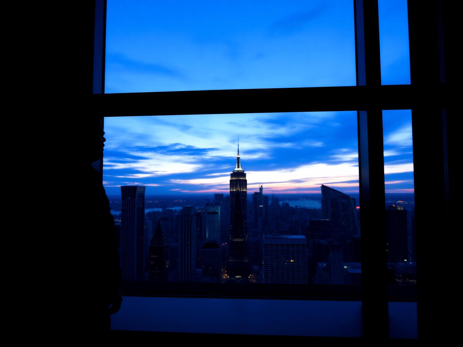 Executive overlooking a city skyline at dusk