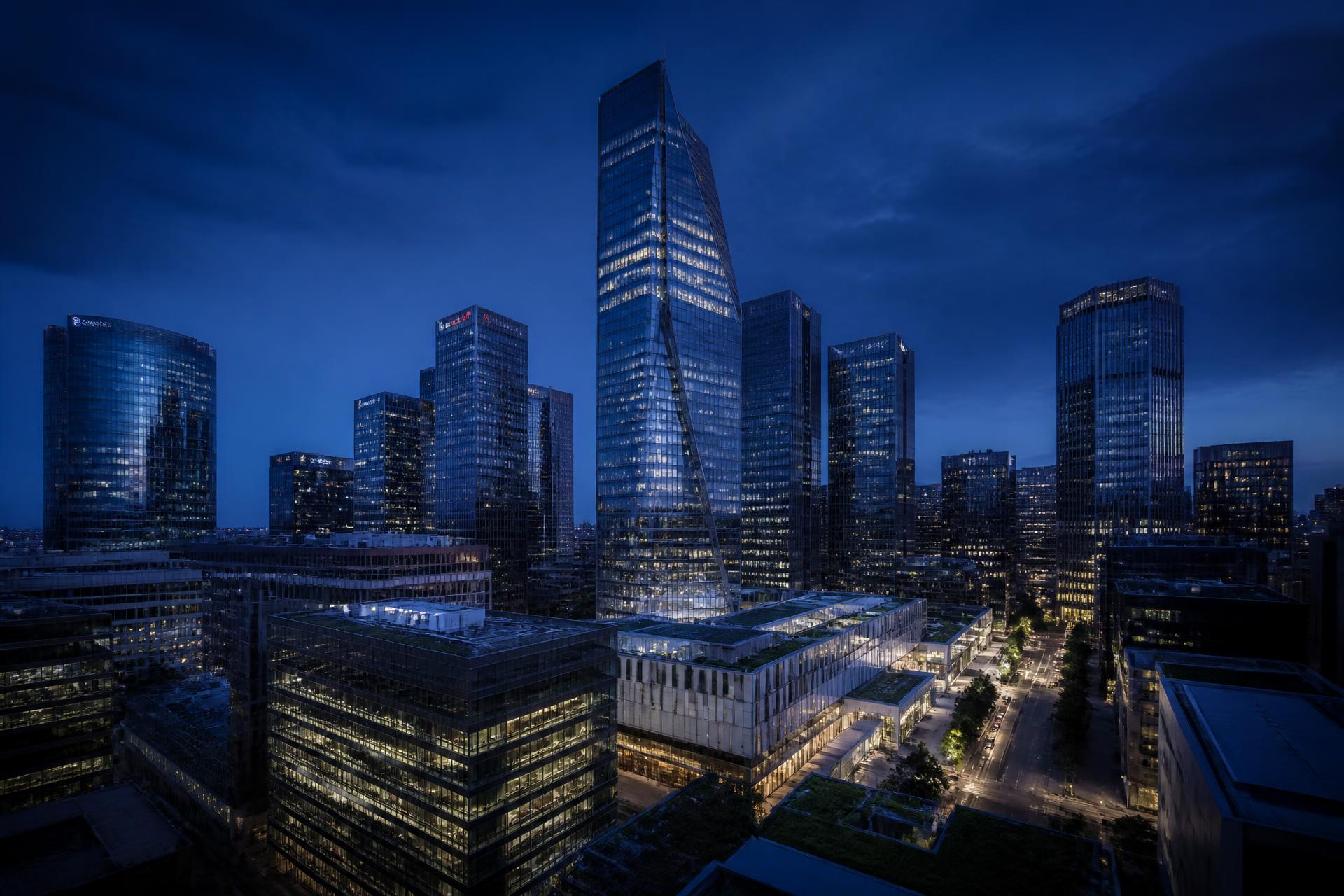 Financial district skyline at blue hour